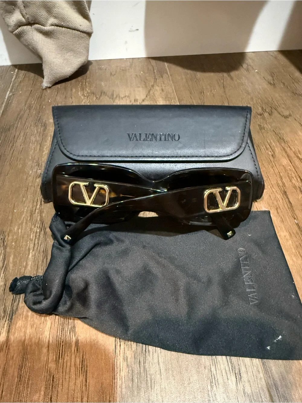 Valentino Black Rectangular Sunglasses with Case and Pouch